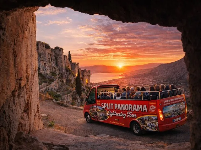 Autobús turístico rojo aparcado cerca de la Fortaleza de Klis al atardecer.