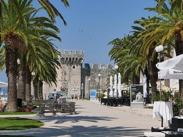 Paseo bordeado de palmeras que conduce al Castillo del Kamerlengo en Trogir.